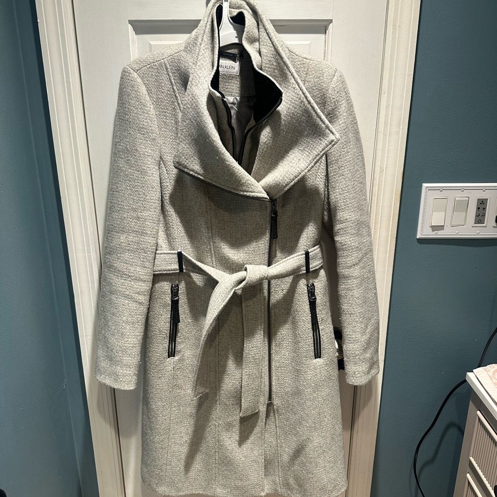 Calvin Klein Light Gray Belted Trench Coat